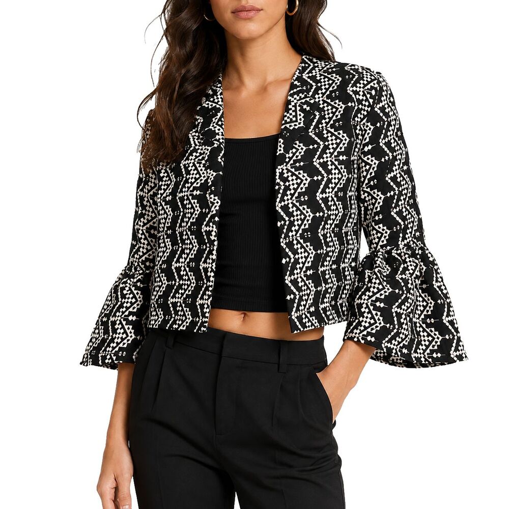 Zara Womens Jacket S Black Ivory Embroidered Geometric Boho Open Front Blazer